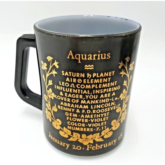 Federal Glass Zodiac Mug-Black and Gold-Milk Glass-1970s-Aquarius-Water Carrier - Picture 2 of 3